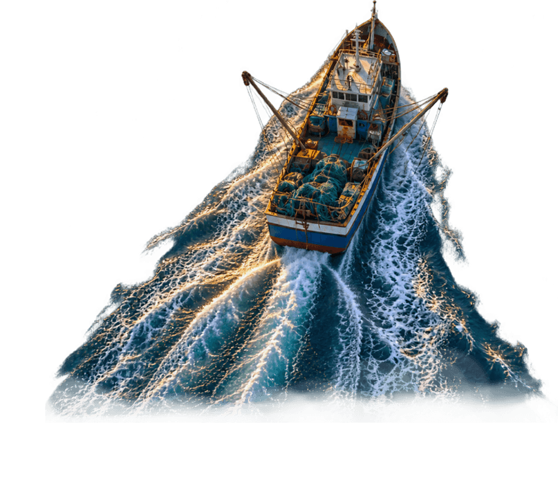 Pikkie fishing boat at sea, seen from above