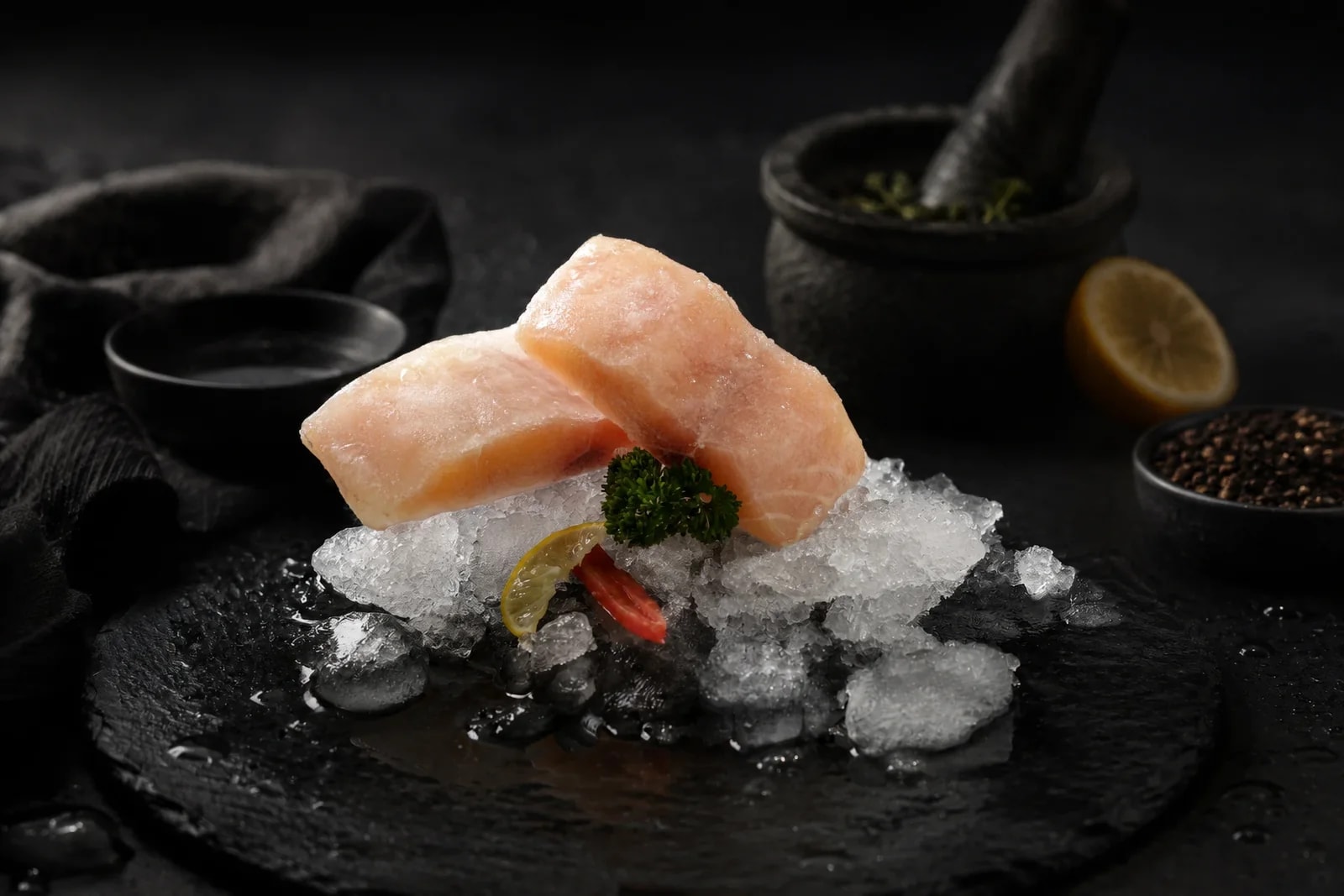 Fresh fish fillets on crushed ice with parsley and lemon