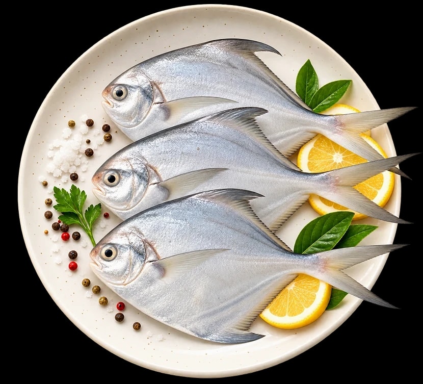 Three whole white pomfret on a plate with lemon, leaves and peppercorns